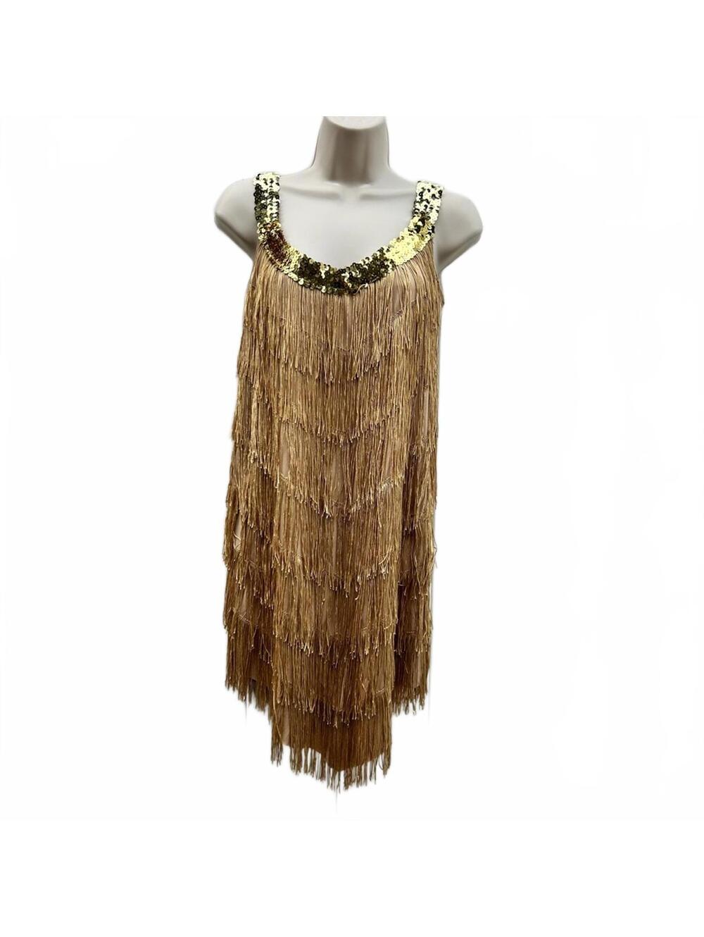 Flapper Dress 1920s Costume Old Gold w/ Gold Metallic Accent | Size Medium